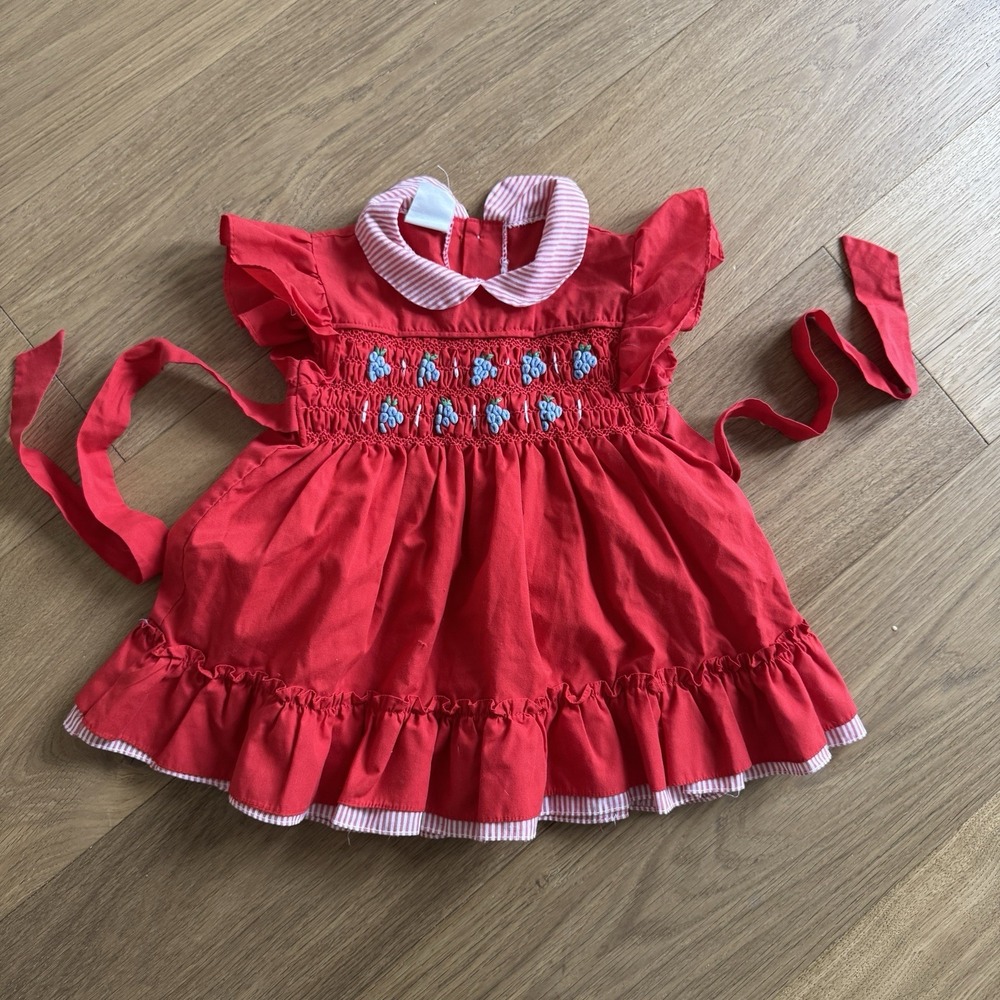 Vintage Joyeux Gamins Red Hand Smocked Dress Fruit Sz 3 Ruffles Cottage 80s